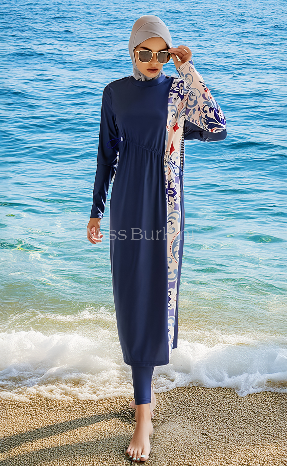 Burkini femme voilée Jasmina motifs bleus
