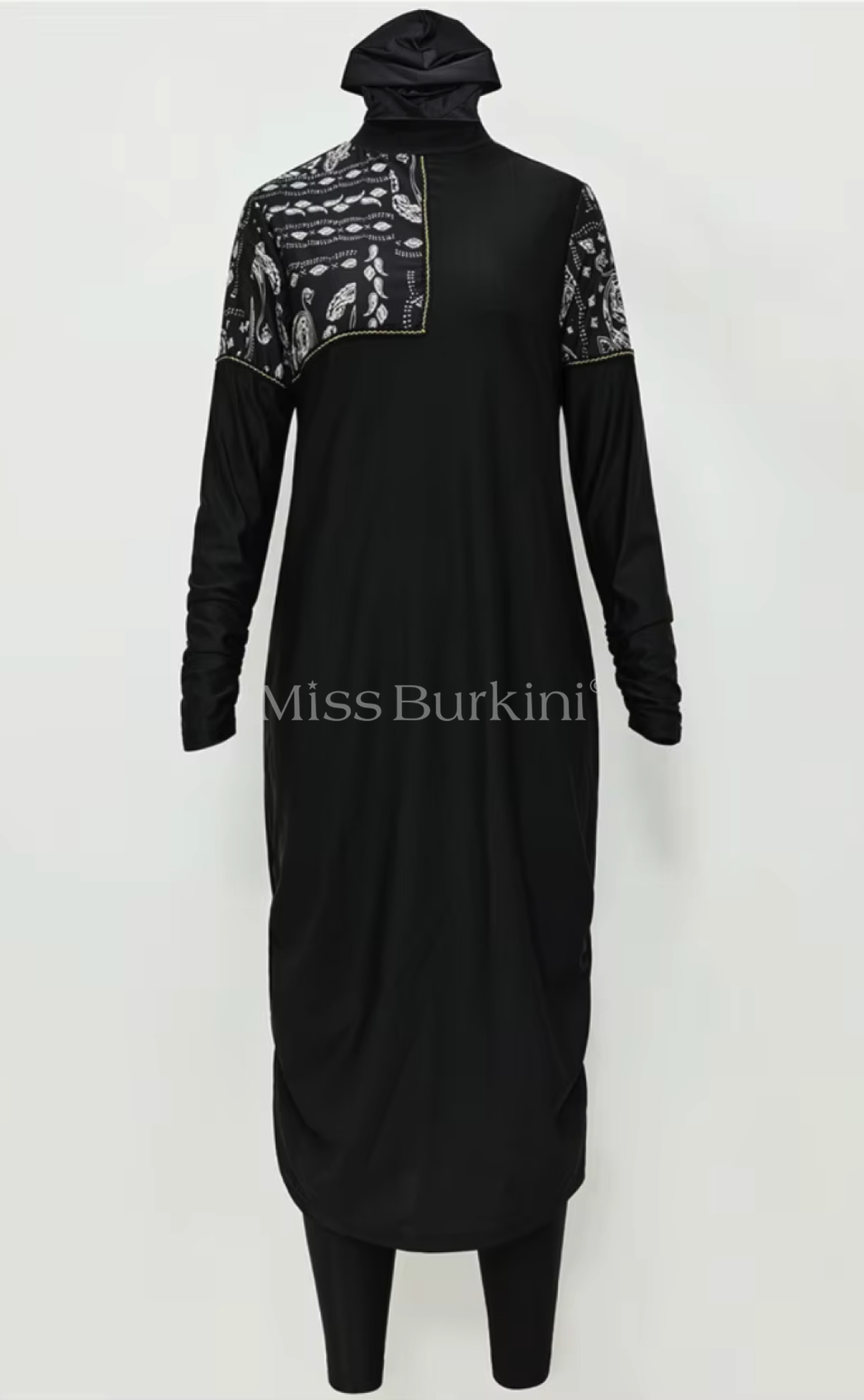 Burkini femme voilée Jasmina noir motifs blancs
