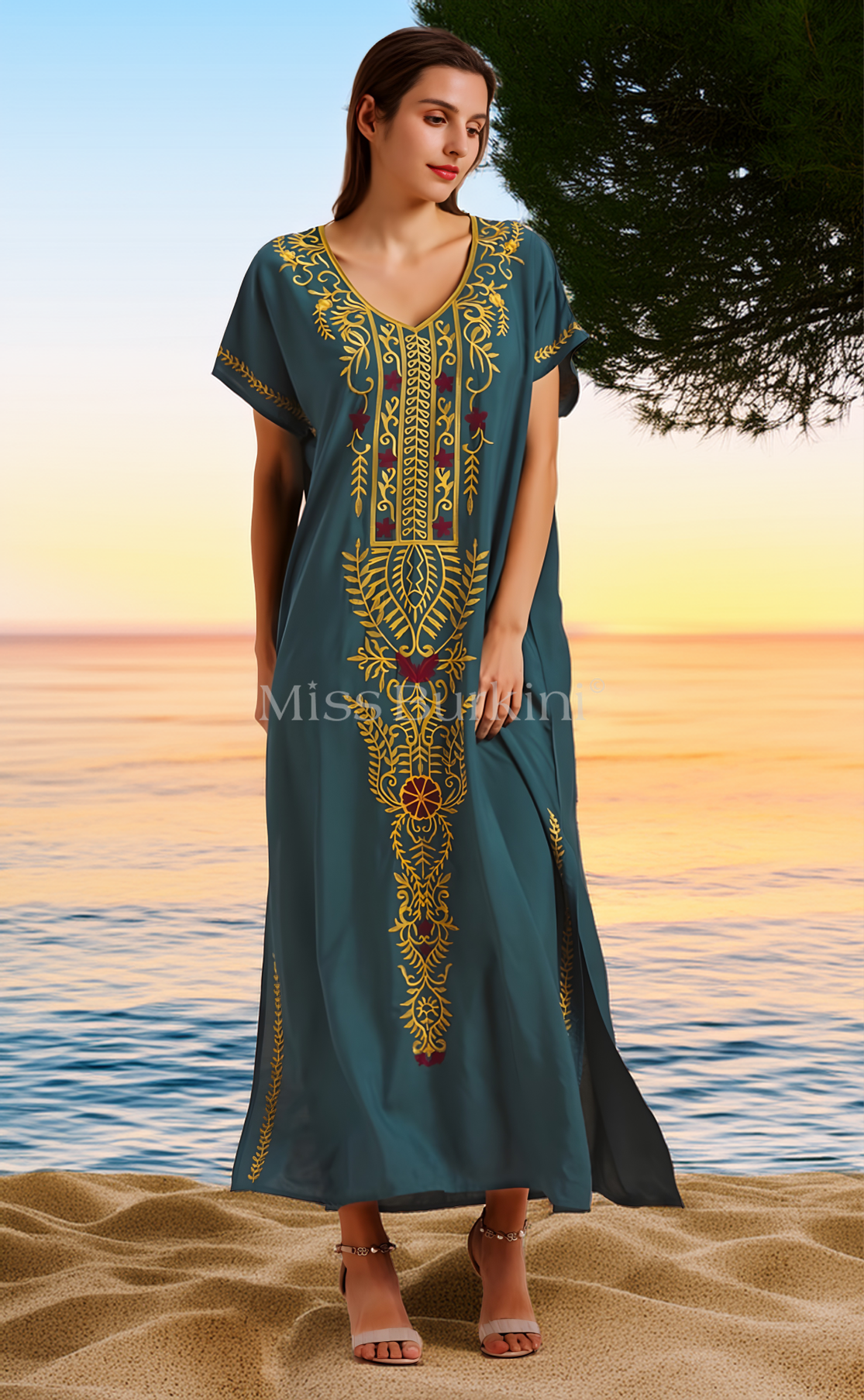 Moroccan Caftan Aicha green - Miss Burkini Moroccan Caftan Aicha green - Miss Burkini
