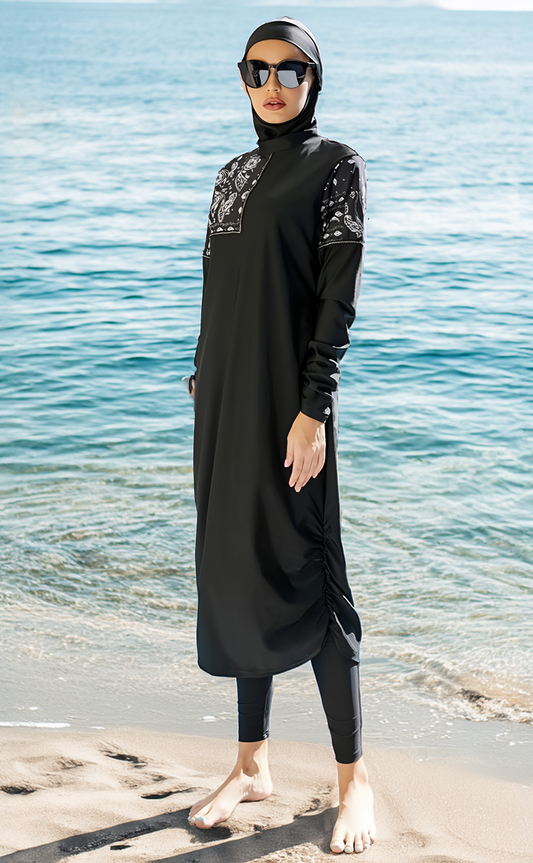 Burkini femme voilée Jasmina noir motifs blancs